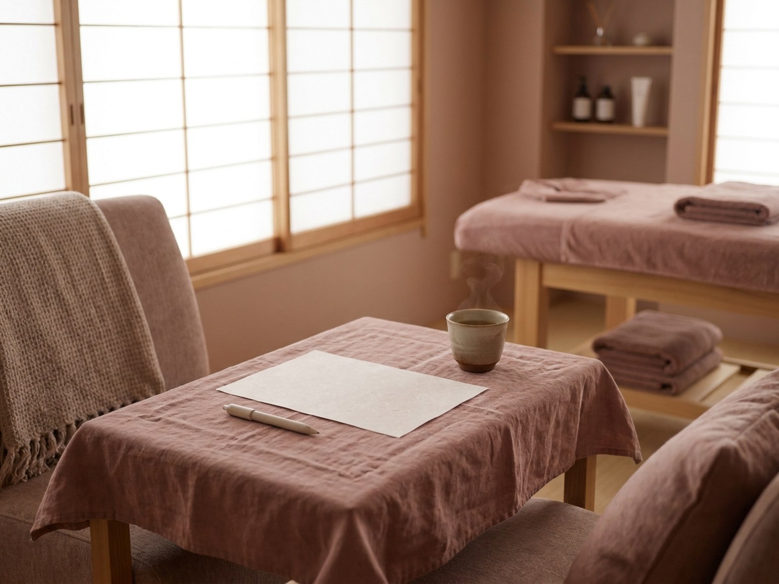 お茶と問診票を置いた相談用のテーブルのイメージ（仮の写真）